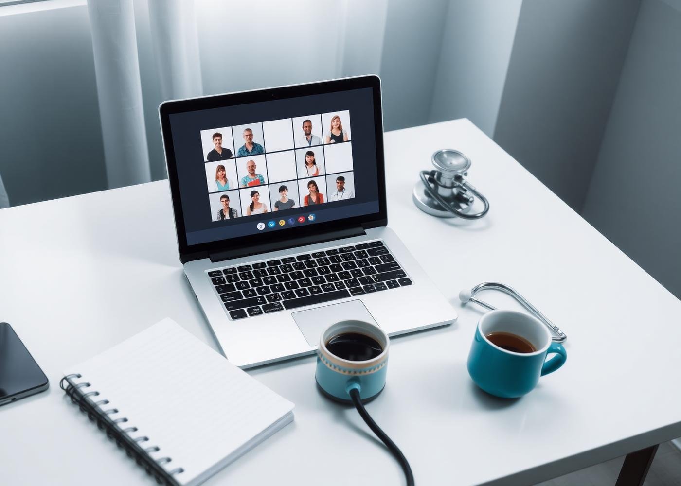 Online MRCOG mentoring session set-up with laptop and stethoscope