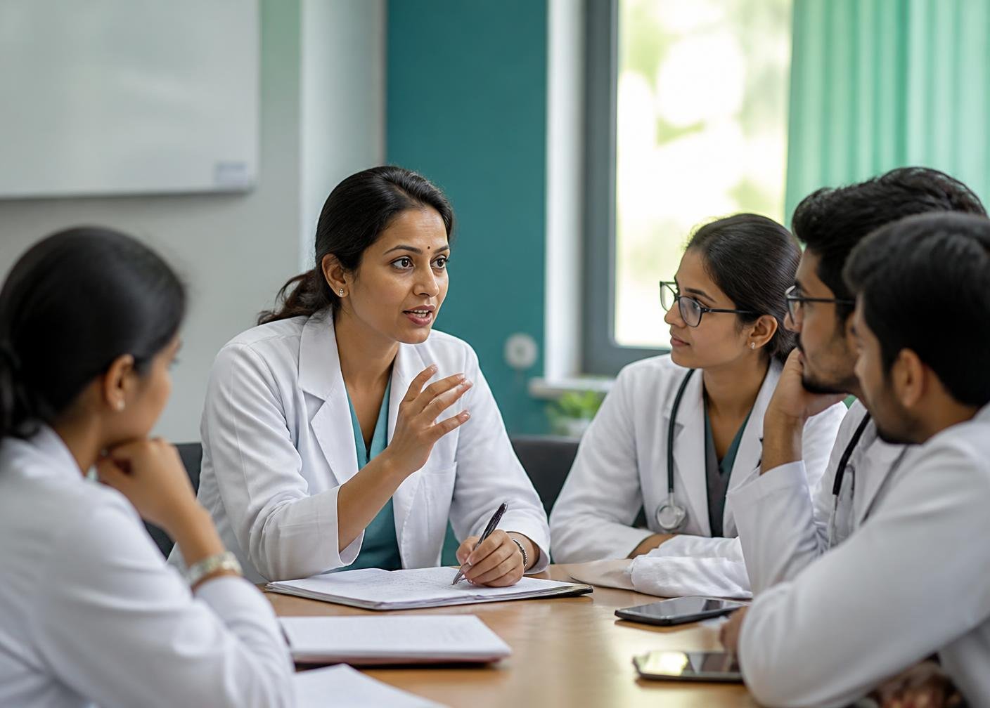 Dr. Bushra Shaikh teaching junior doctors in a seminar room